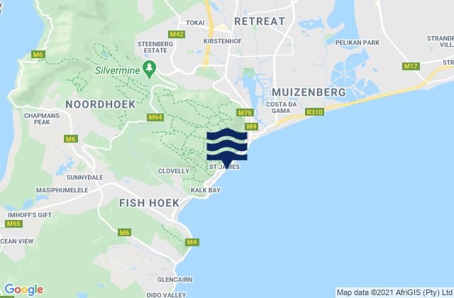 Mapa da tábua de marés em Danger Beach, South Africa