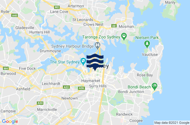 Mapa da tábua de marés em Darlinghurst, Australia
