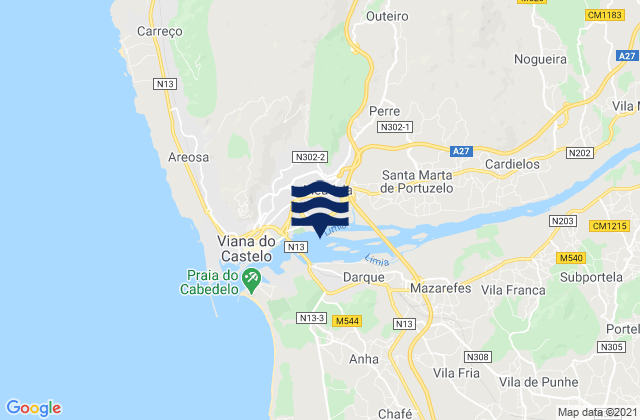 Mapa da tábua de marés em Darque, Portugal