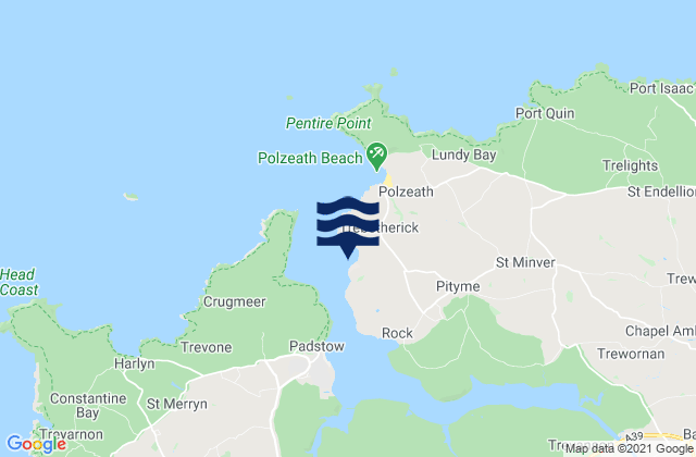 Mapa da tábua de marés em Daymer Bay Beach, United Kingdom