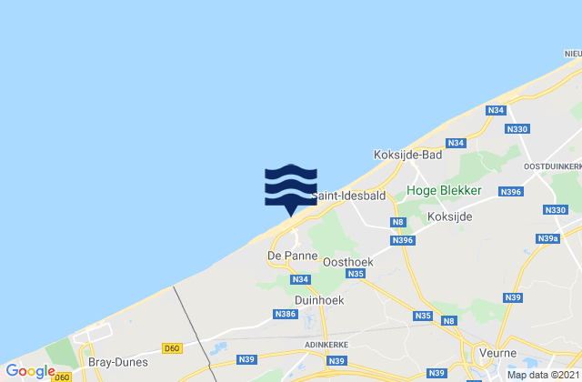 Mapa da tábua de marés em De Panne, Belgium