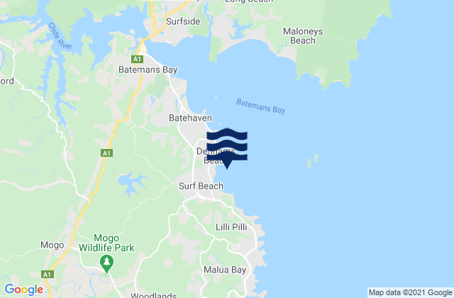 Mapa da tábua de marés em Denhams Beach, Australia