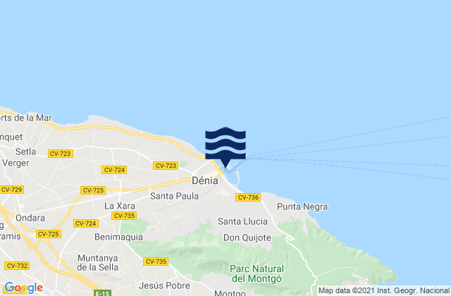 Mapa da tábua de marés em Denia Port, Spain
