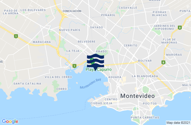 Mapa da tábua de marés em Departamento de Montevideo, Uruguay