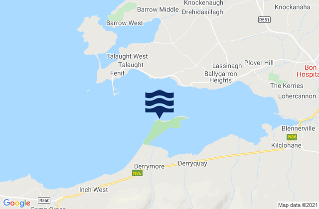 Mapa da tábua de marés em Derrymore Island, Ireland