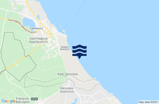 Mapa da tábua de marés em Derýneia, Cyprus