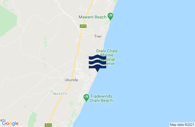 Mapa da tábua de marés em Diani Beach, Kenya