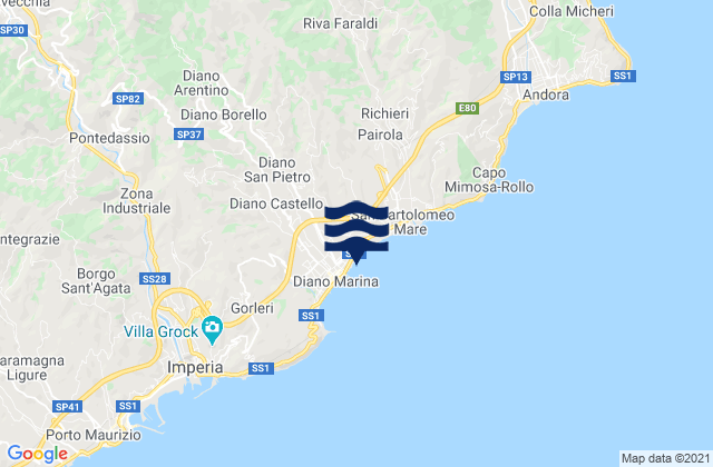 Mapa da tábua de marés em Diano Castello, Italy