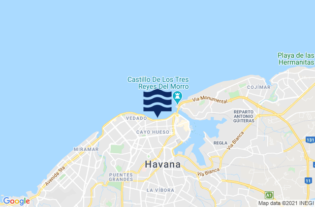 Mapa da tábua de marés em Diez de Octubre, Cuba