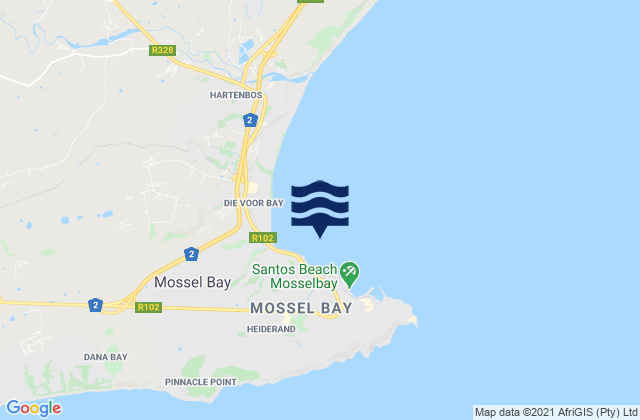 Mapa da tábua de marés em Ding Dangs, South Africa