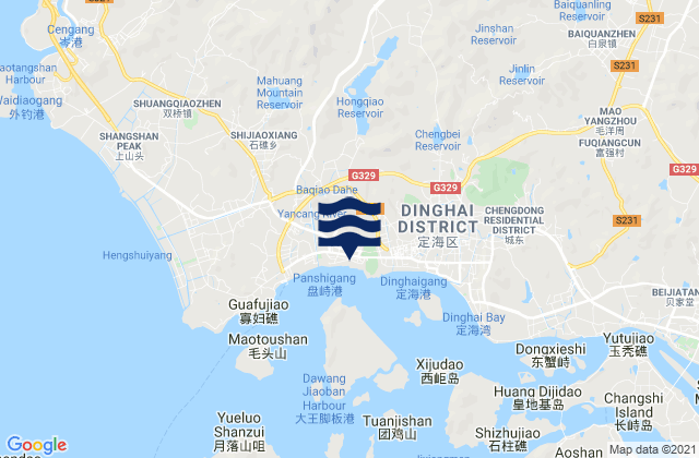 Mapa da tábua de marés em Dinghai Qu, China
