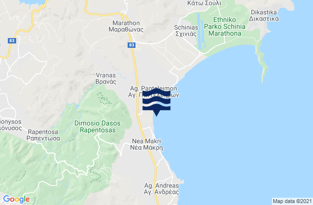 Mapa da tábua de marés em Diónysos, Greece
