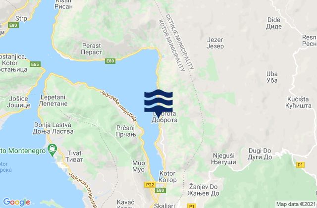 Mapa da tábua de marés em Dobrota, Montenegro
