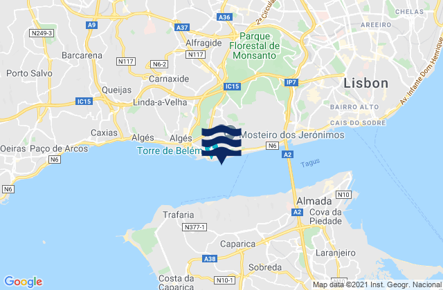 Mapa da tábua de marés em Doca do Bom Sucesso, Portugal