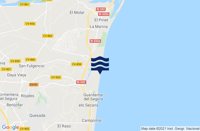 Mapa da tábua de marés em Dolores, Spain
