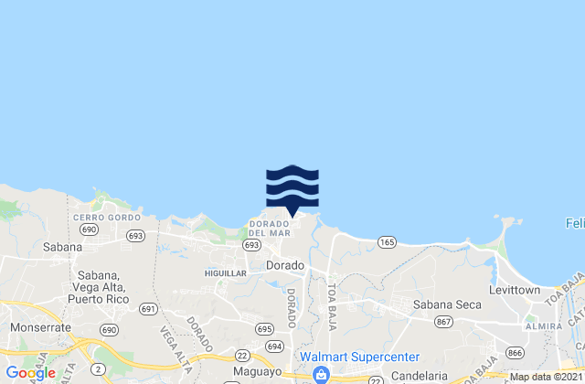 Mapa da tábua de marés em Dorado, Puerto Rico