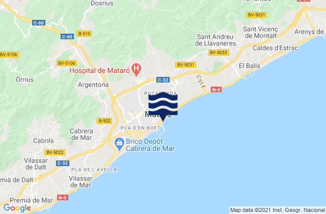 Mapa da tábua de marés em Dosrius, Spain