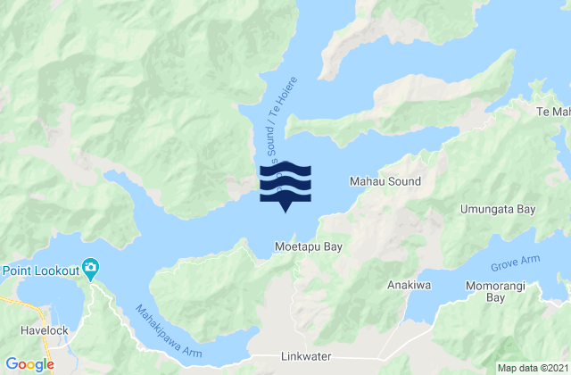 Mapa da tábua de marés em Double Bay, New Zealand