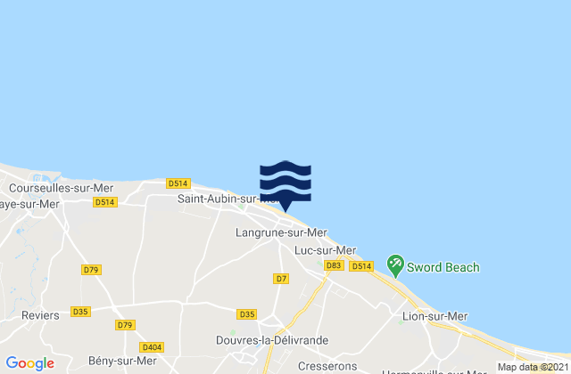 Mapa da tábua de marés em Douvres-la-Délivrande, France
