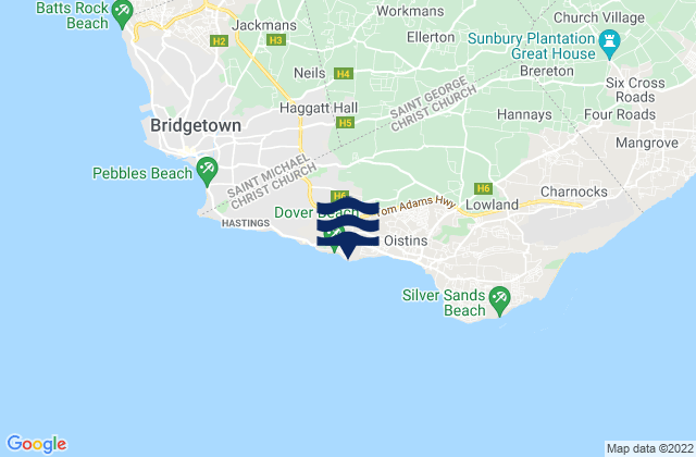 Mapa da tábua de marés em Dover Beach, Barbados