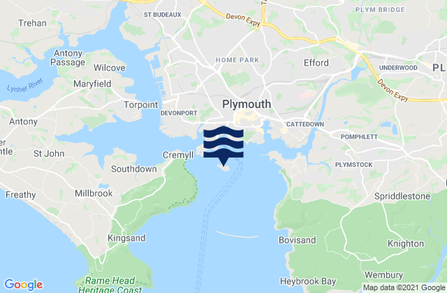 Mapa da tábua de marés em Drake’s Island, United Kingdom