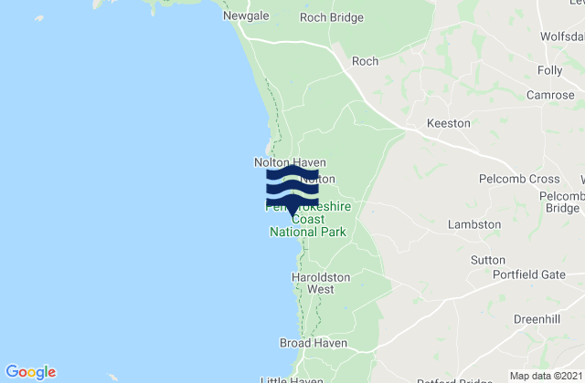 Mapa da tábua de marés em Druidston Haven Beach, United Kingdom