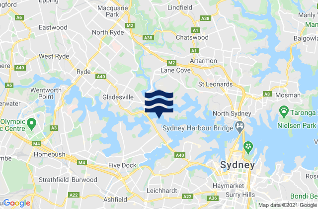 Mapa da tábua de marés em Drummoyne, Australia