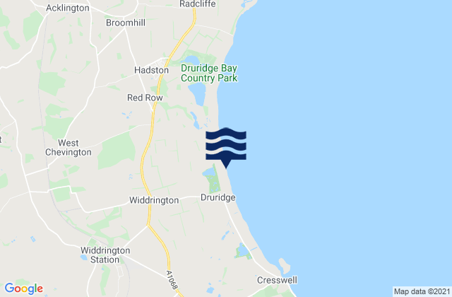 Mapa da tábua de marés em Druridge Bay Beach, United Kingdom