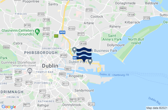 Mapa da tábua de marés em Dublin Port, Ireland