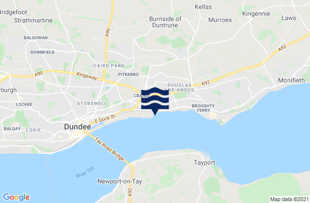Mapa da tábua de marés em Dundee City, United Kingdom