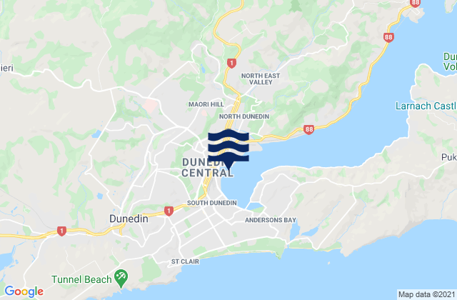 Mapa da tábua de marés em Dunedin, New Zealand