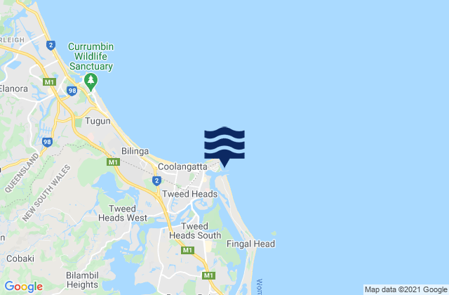 Mapa da tábua de marés em Duranbah (D-Bah), Australia