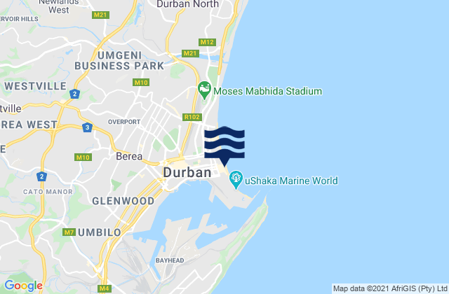 Mapa da tábua de marés em Durban, South Africa