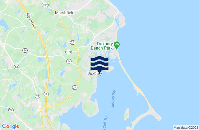 Mapa da tábua de marés em Duxbury, United States