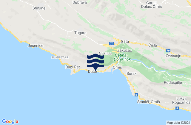 Mapa da tábua de marés em Duće, Croatia