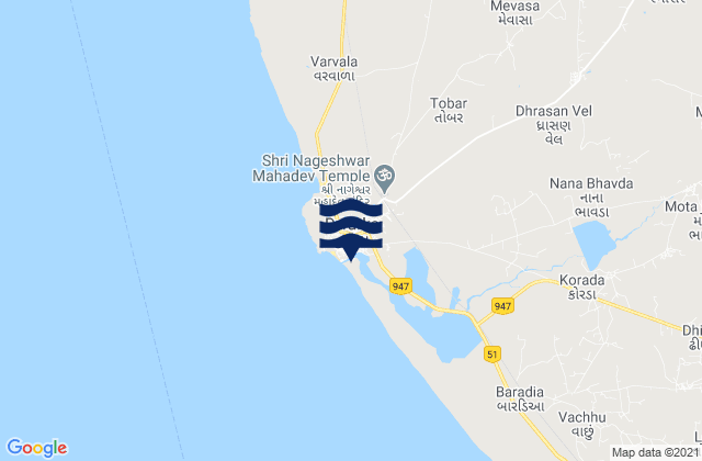 Mapa da tábua de marés em Dwārka, India
