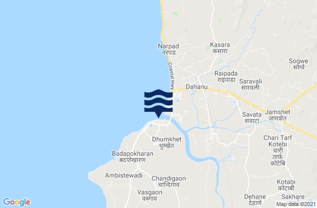 Mapa da tábua de marés em Dāhānu, India