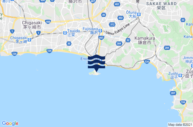 Mapa da tábua de marés em E No Sima, Japan