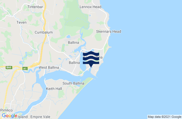 Mapa da tábua de marés em East Ballina, Australia