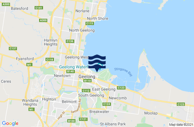 Mapa da tábua de marés em East Beach, Australia