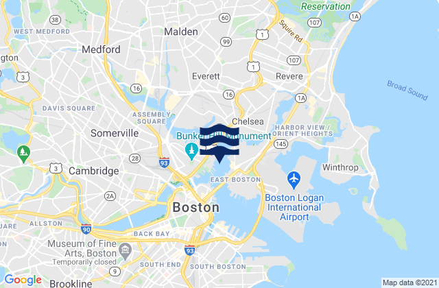 Mapa da tábua de marés em East Boston Pier 10 southeast of, United States