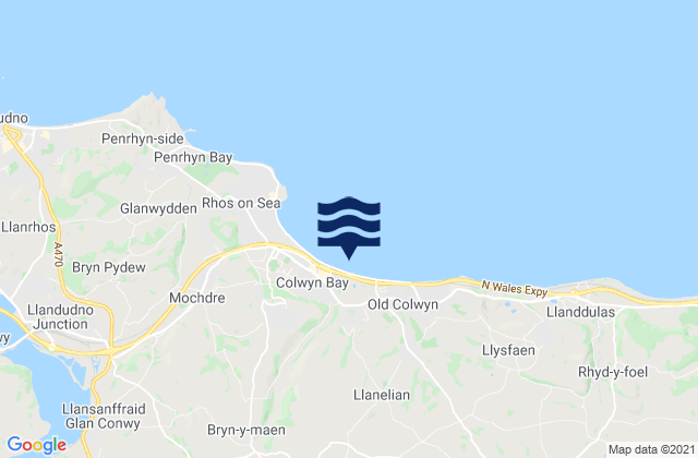 Mapa da tábua de marés em East Colwyn Bay Beach, United Kingdom