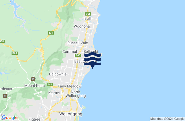 Mapa da tábua de marés em East Corrimal, Australia