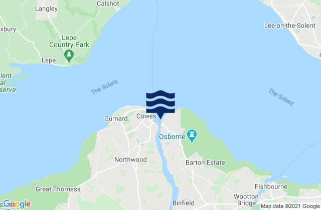 Mapa da tábua de marés em East Cowes, United Kingdom