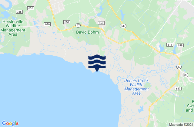 Mapa da tábua de marés em East Creek (Route 47 Bridge), United States