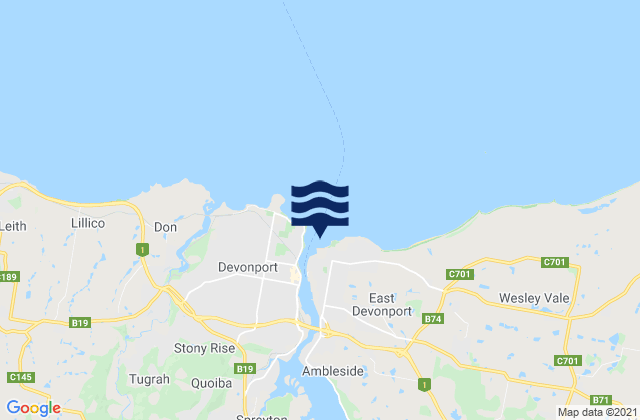 Mapa da tábua de marés em East Devonport Beach, Australia