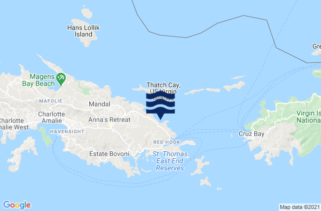 Mapa da tábua de marés em East End, U.S. Virgin Islands