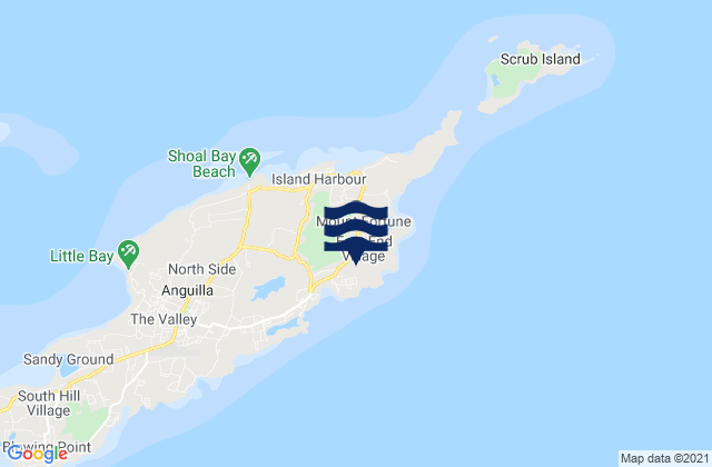 Mapa da tábua de marés em East End Village, Anguilla