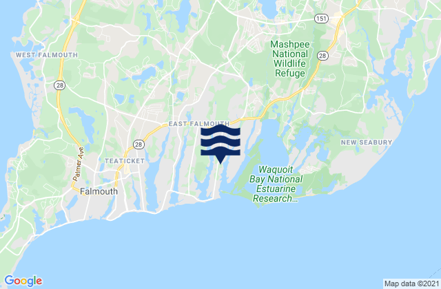 Mapa da tábua de marés em East Falmouth, United States