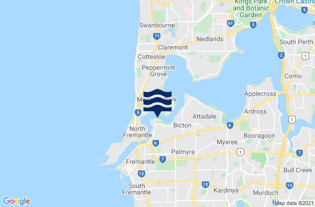 Mapa da tábua de marés em East Fremantle, Australia